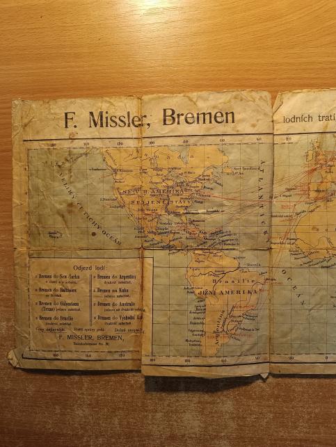 Světová mapa lodních tratí, znázorňující pohyb rychlolodí a poštovních parolodí v Bremen